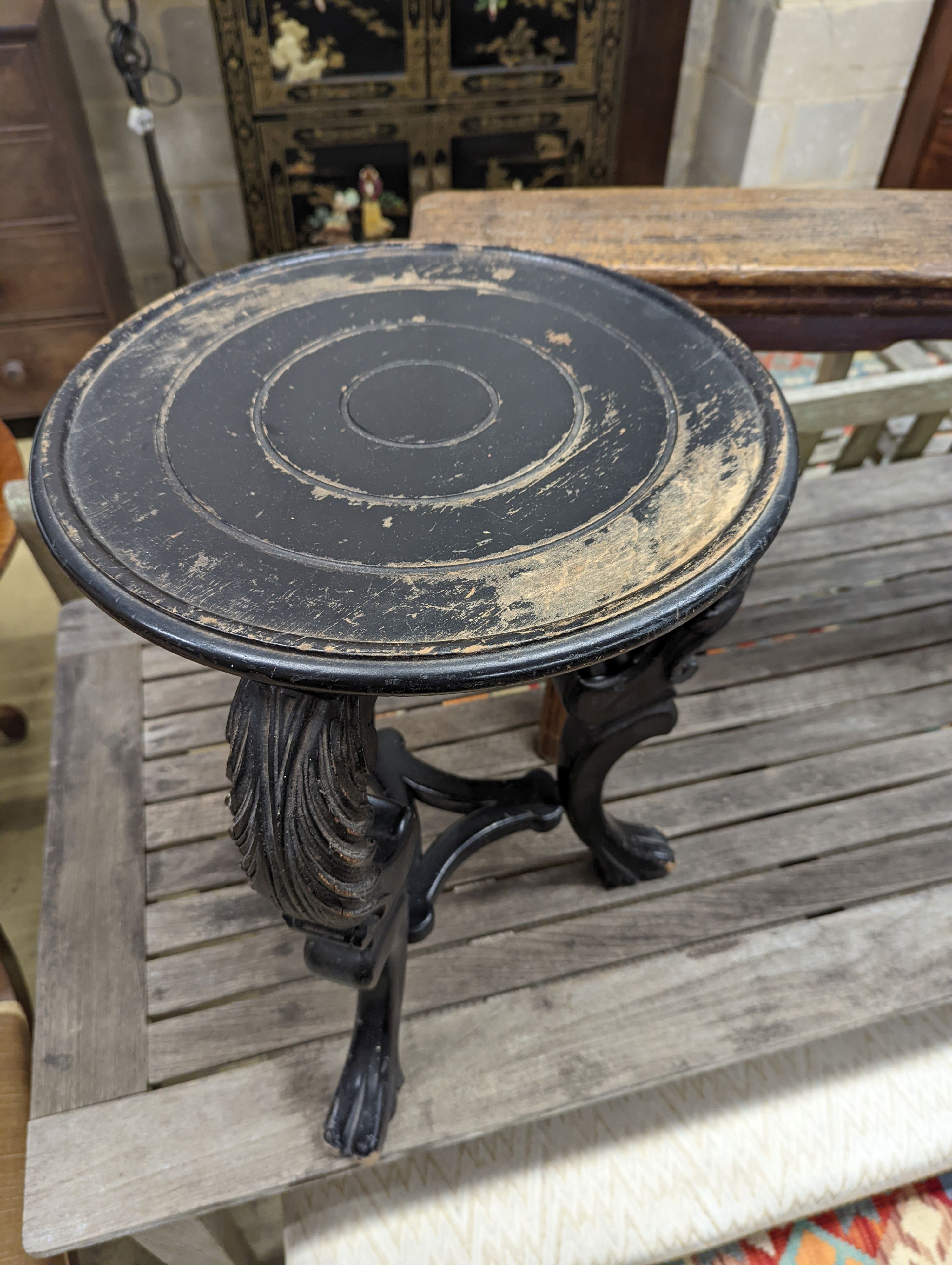 A Chinese elm bench, length 114cm, depth 29cm, height 51cm together with a circular ebonised vase stand